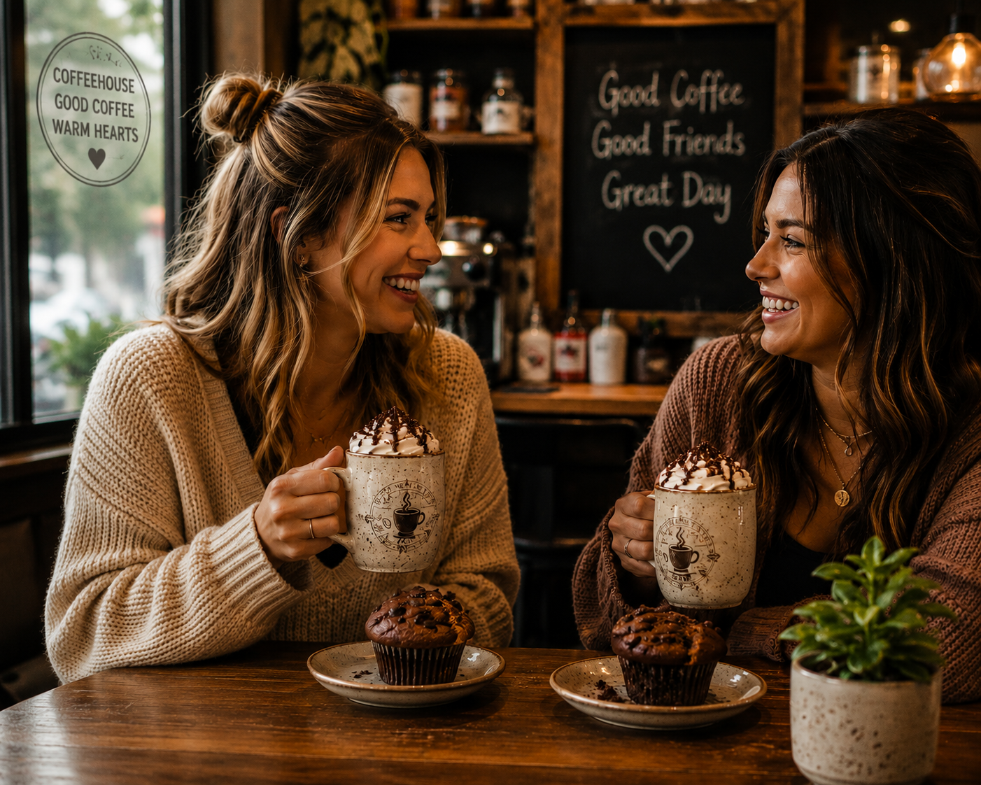 Two friends in a coffee shop enjoying Michelle's Mexican Mocha