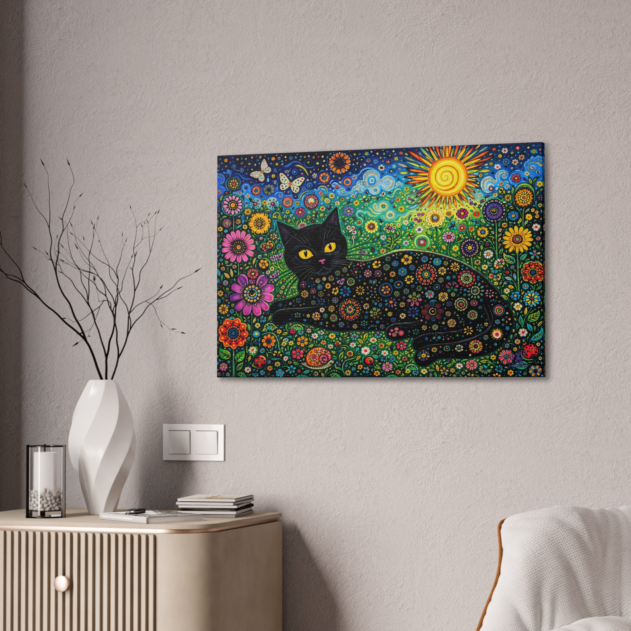 Black Floral Cat Canvas Stretched | Colorful Sunflower Cat Wall Art - Image 14