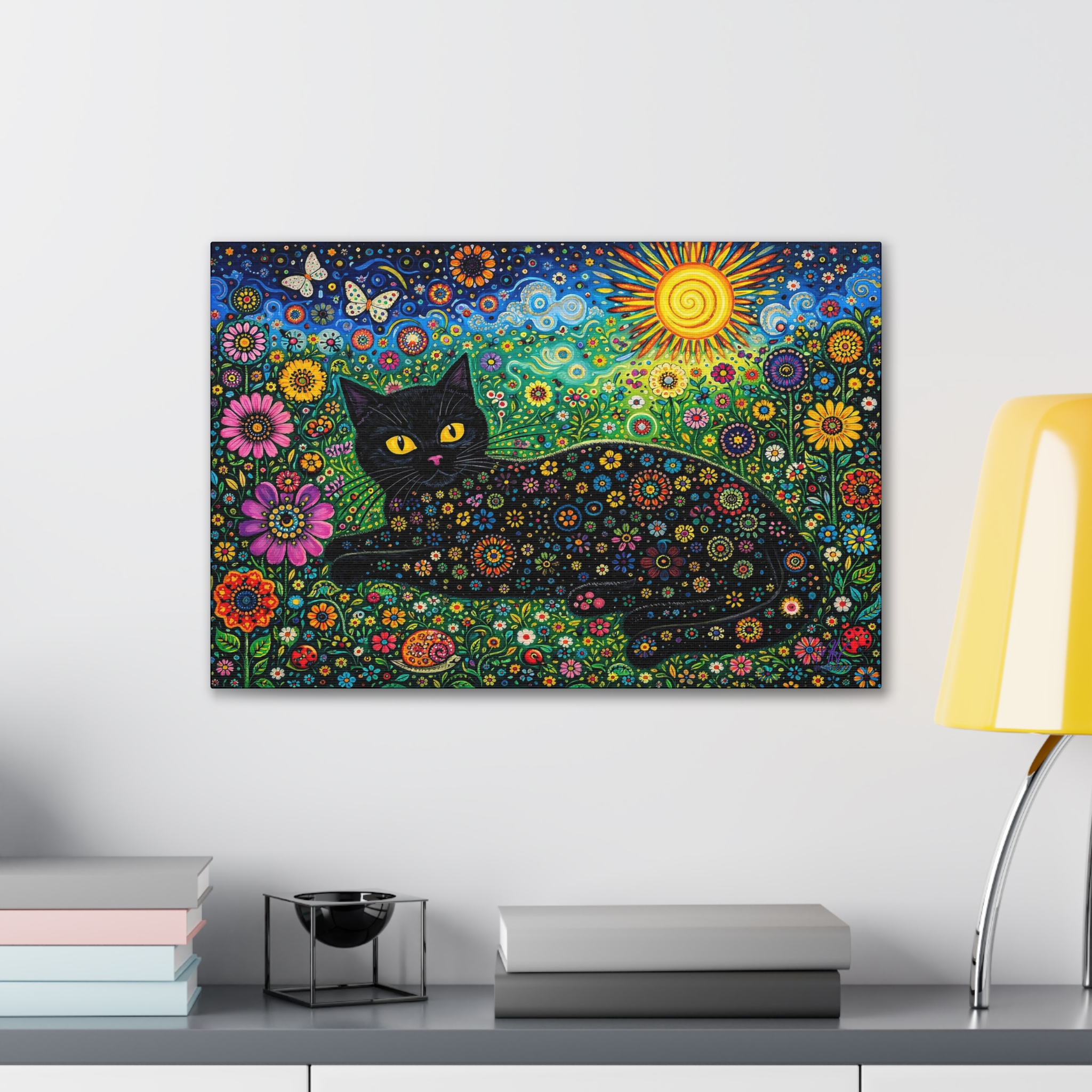 Black Floral Cat Canvas Stretched | Colorful Sunflower Cat Wall Art - Image 6