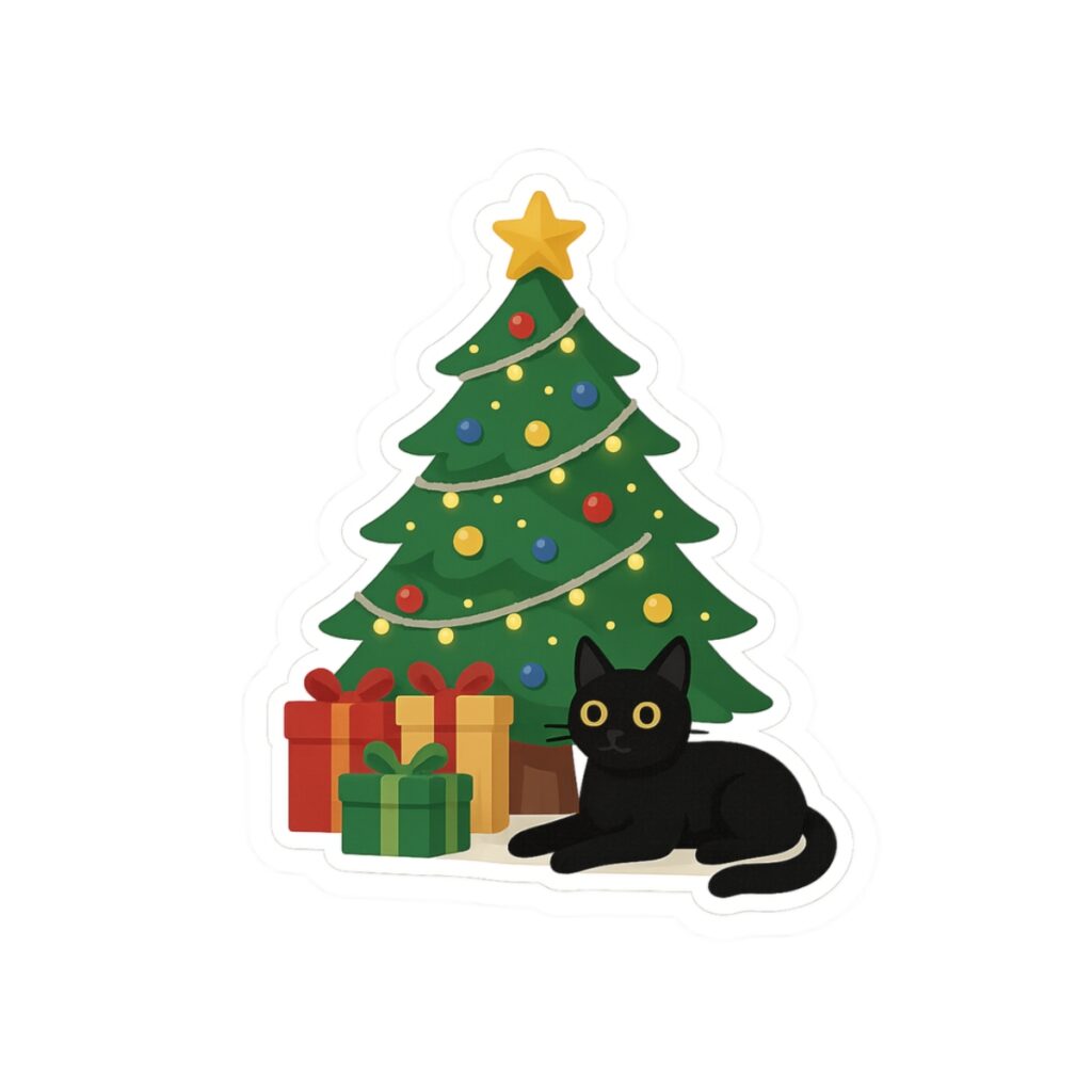Black Cat by Christmas Tree Sticker | Holiday Kiss-Cut Sticker