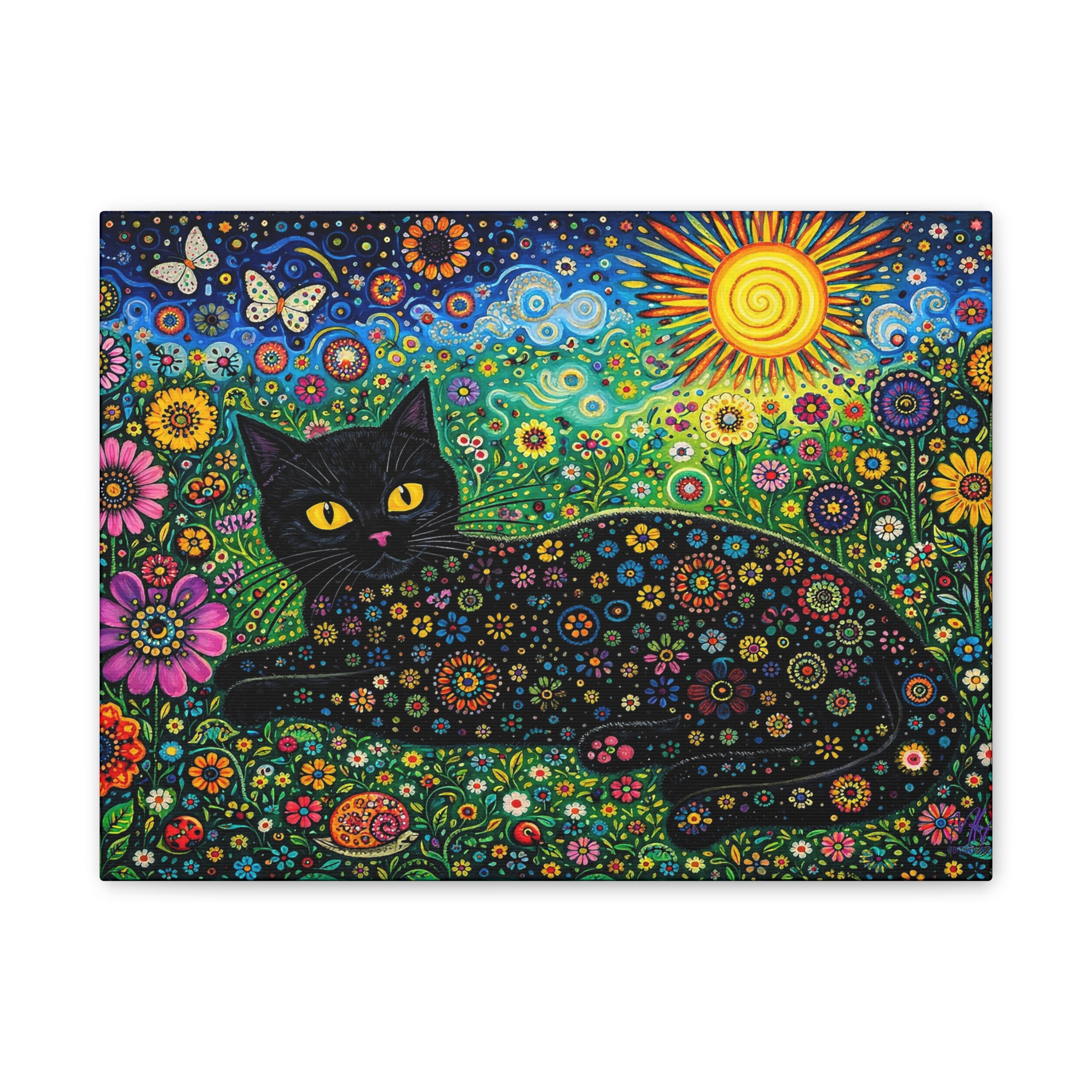 Black Floral Cat Canvas Stretched | Colorful Sunflower Cat Wall Art