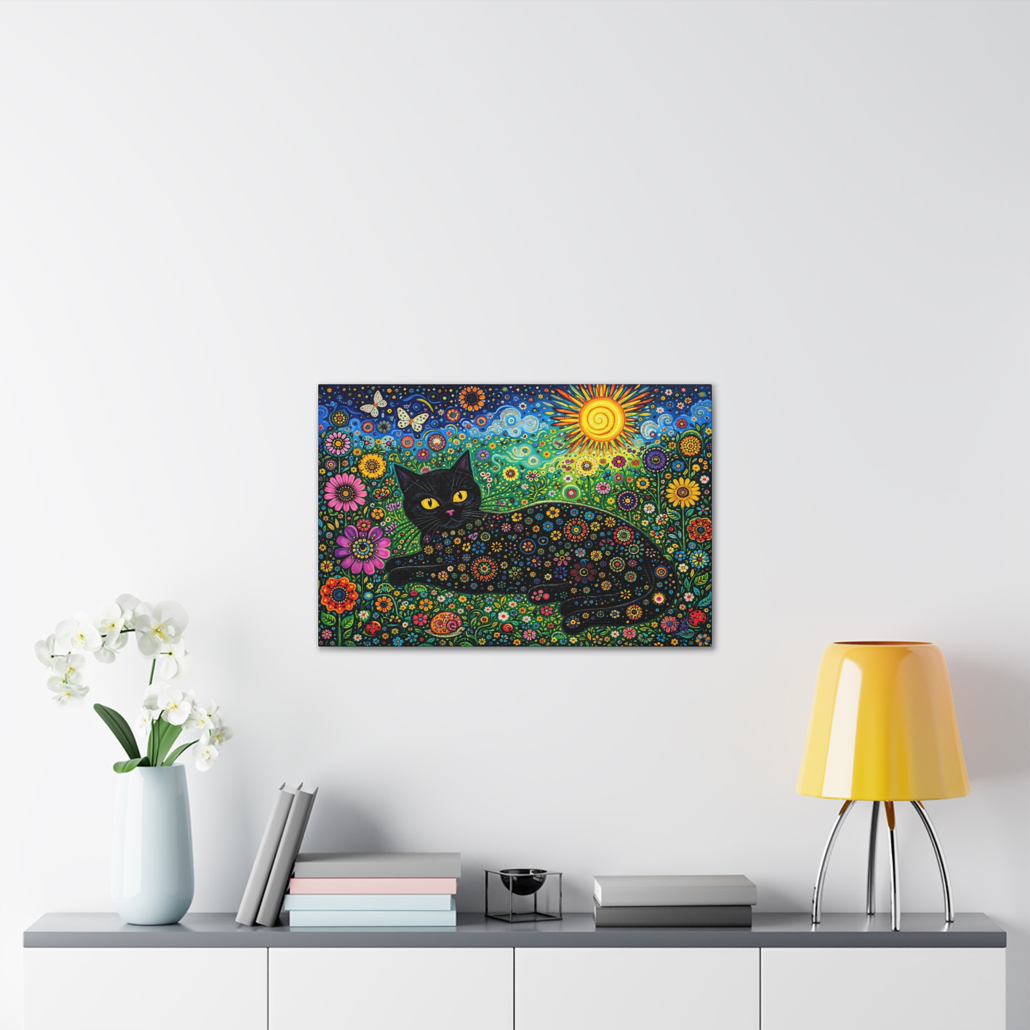 Black Floral Cat Canvas Stretched | Colorful Sunflower Cat Wall Art - Image 9