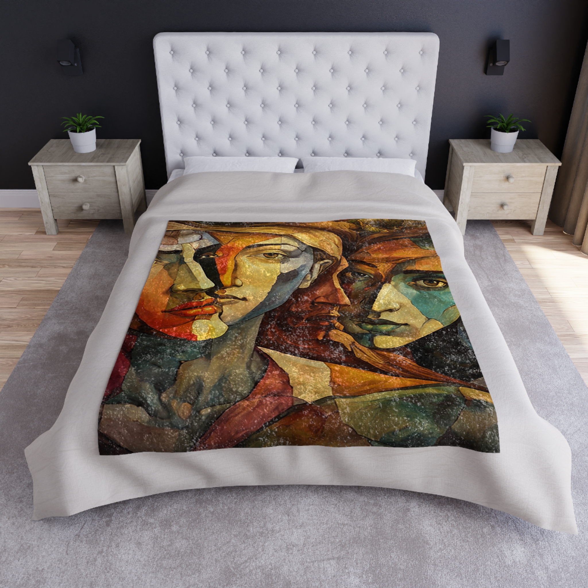 Masters of Time Artwork Crushed Velvet Blanket | Colorful Cubist Portrait Throw - Image 2