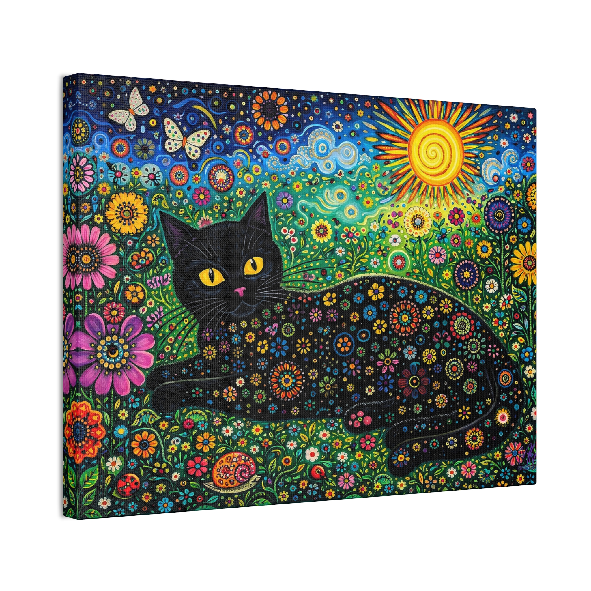 Black Floral Cat Canvas Stretched | Colorful Sunflower Cat Wall Art - Image 2