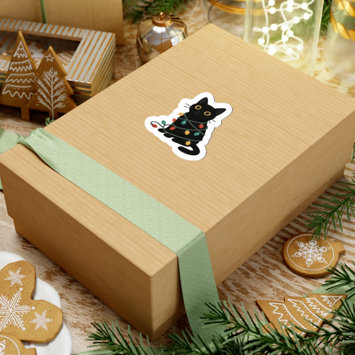 Black Cat Wrapped in Christmas Lights Sticker | Kiss-Cut Sticker - Image 2