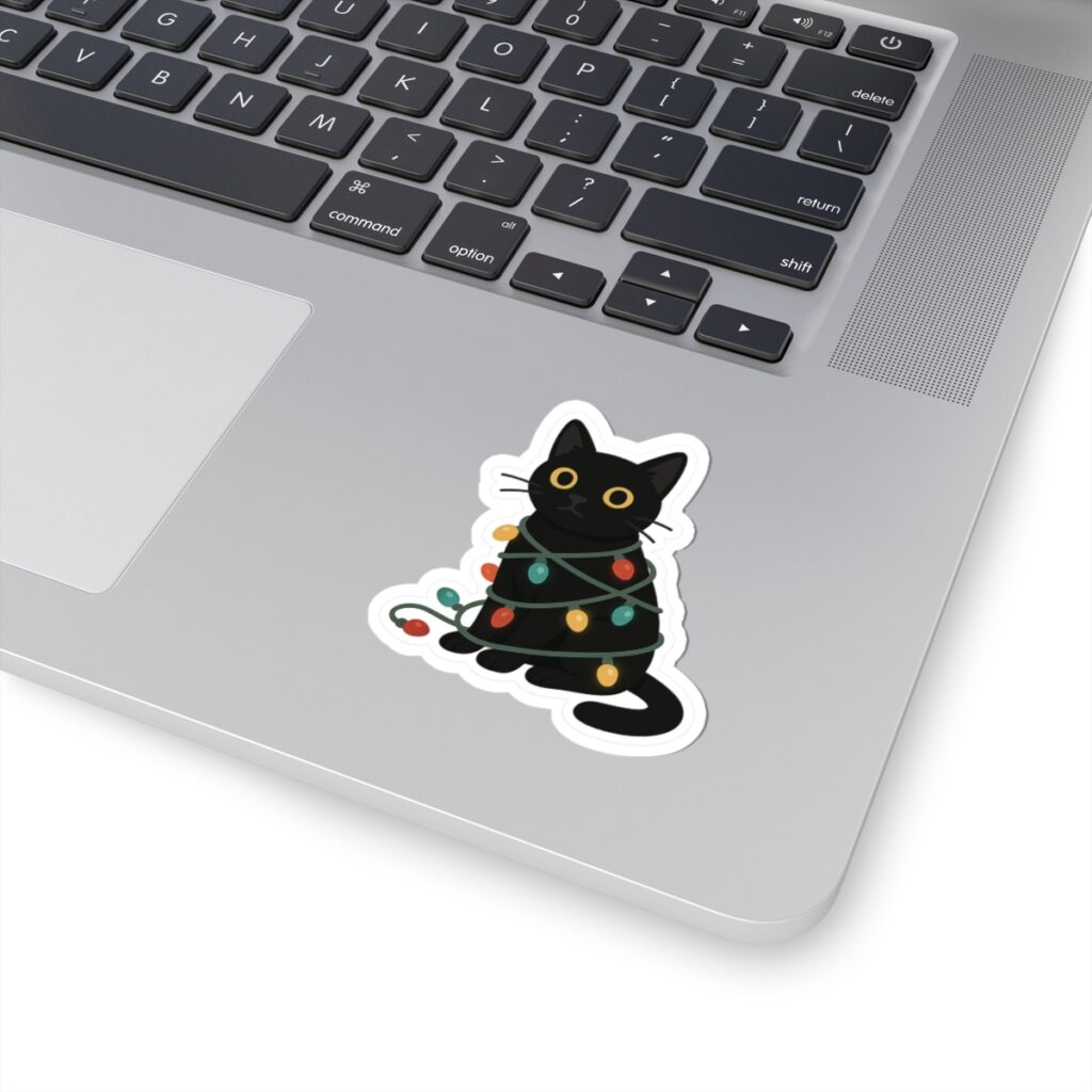 Black Cat Wrapped in Christmas Lights Sticker | Kiss-Cut Sticker