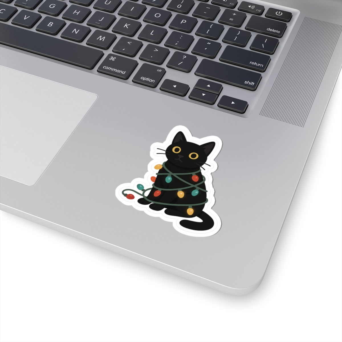 Black Cat Wrapped in Christmas Lights Sticker | Kiss-Cut Sticker
