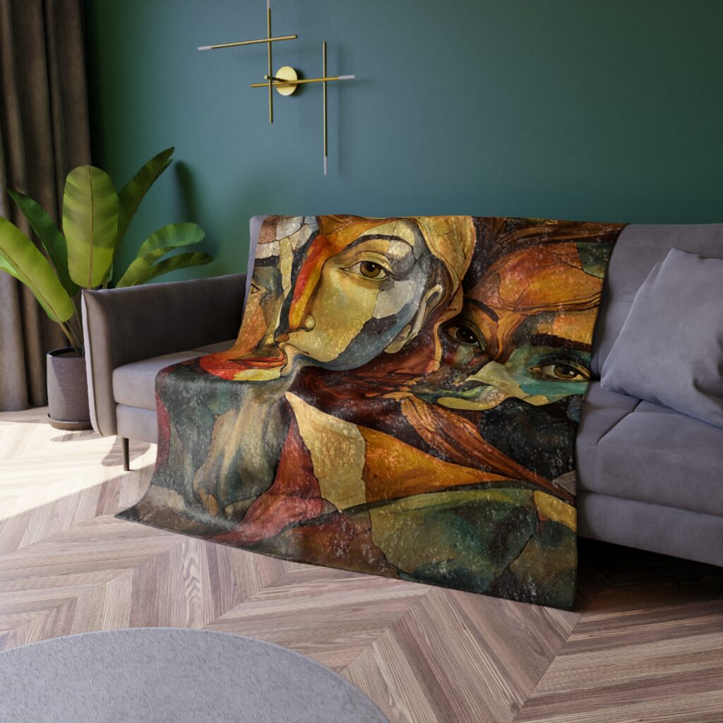 Masters of Time Artwork Crushed Velvet Blanket | Colorful Cubist Portrait Throw