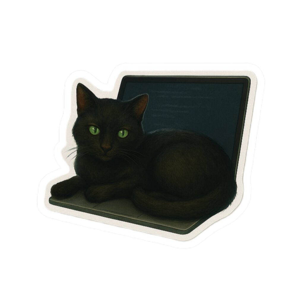 Black Cat on Laptop Stickers | Green-Eyed Cat, Tech Sticker