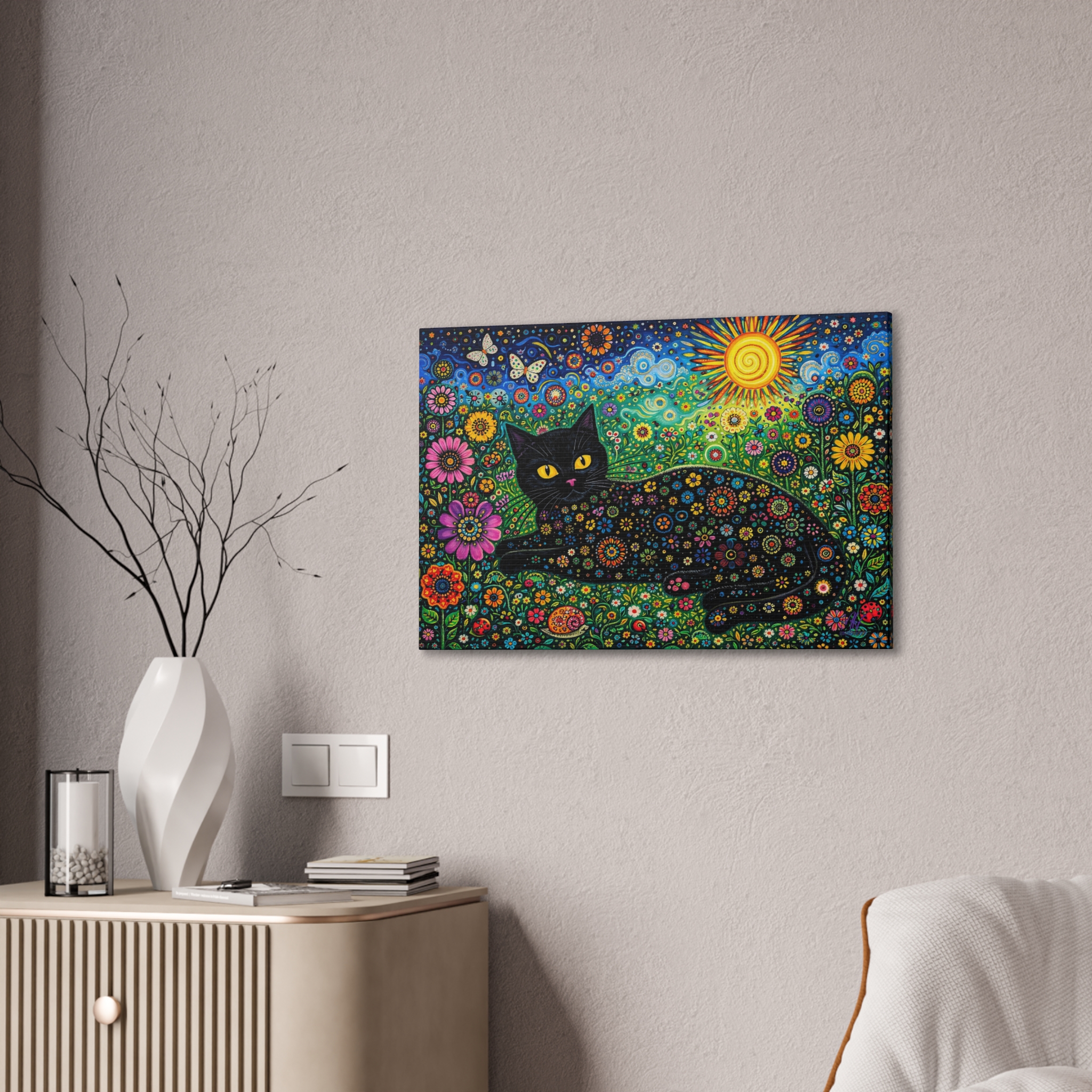 Black Floral Cat Canvas Stretched | Colorful Sunflower Cat Wall Art - Image 10
