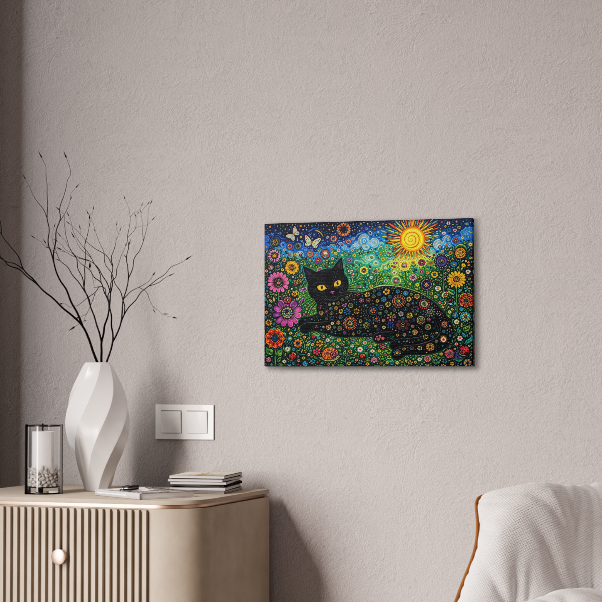Black Floral Cat Canvas Stretched | Colorful Sunflower Cat Wall Art - Image 7
