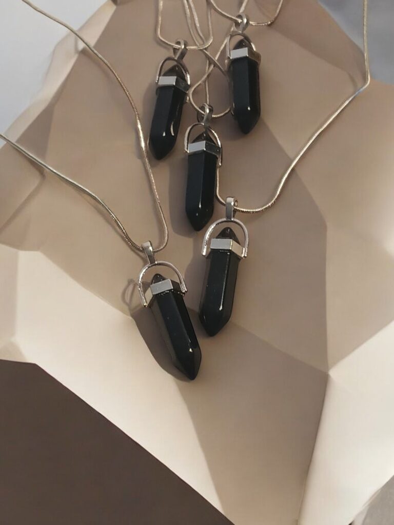 Black Obsidian Crystal Point,  Plated .999 STERLING SILVER Snake Chain Necklace