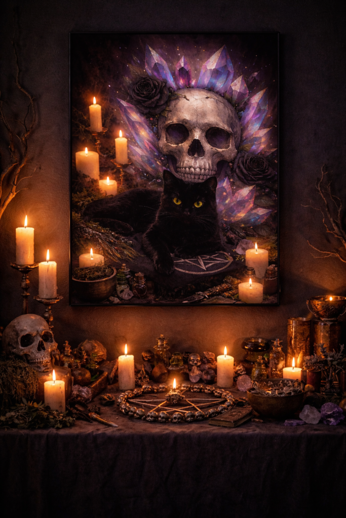 Black Cat and Skull altar Canvas | Gothic Occult Wall Art