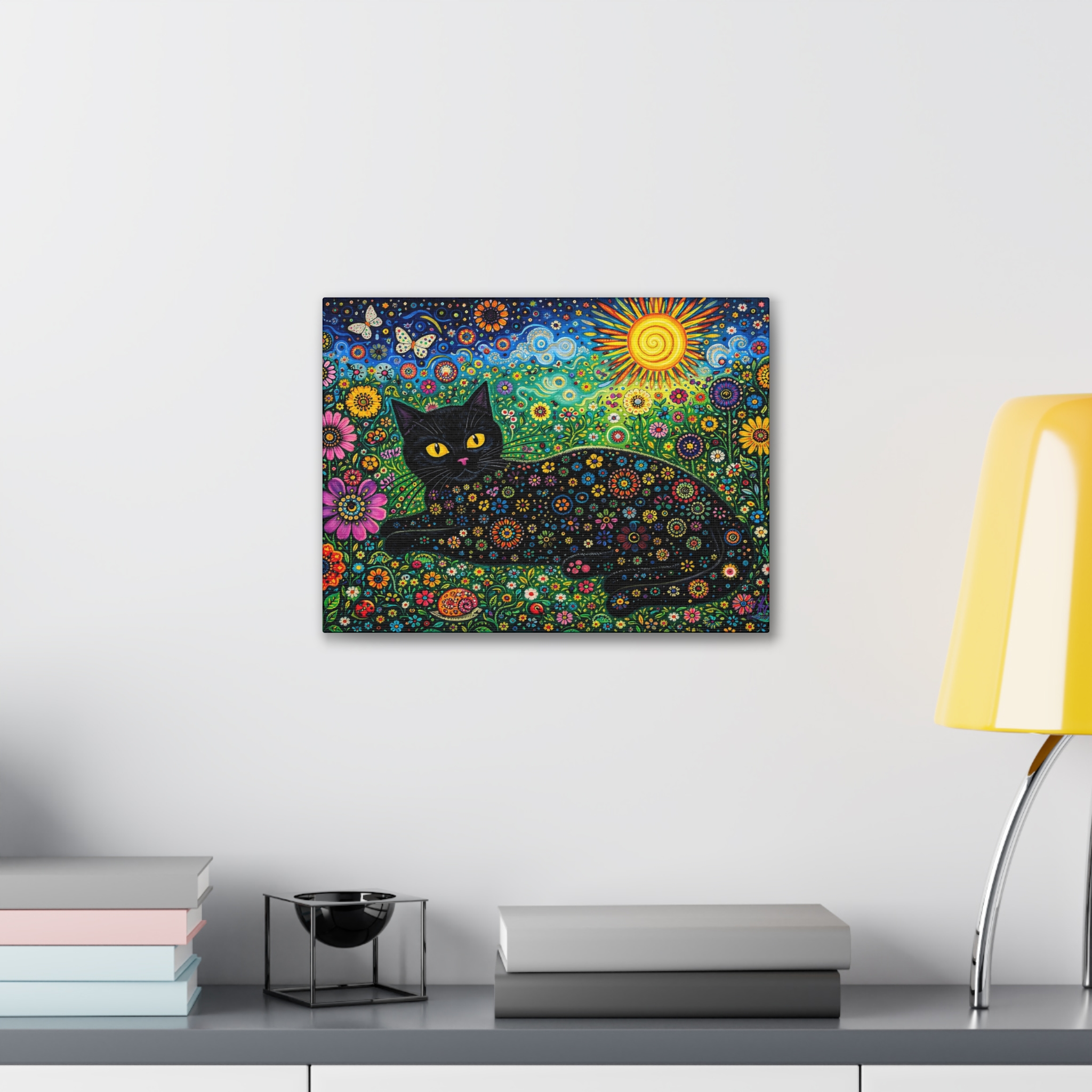 Black Floral Cat Canvas Stretched | Colorful Sunflower Cat Wall Art - Image 3