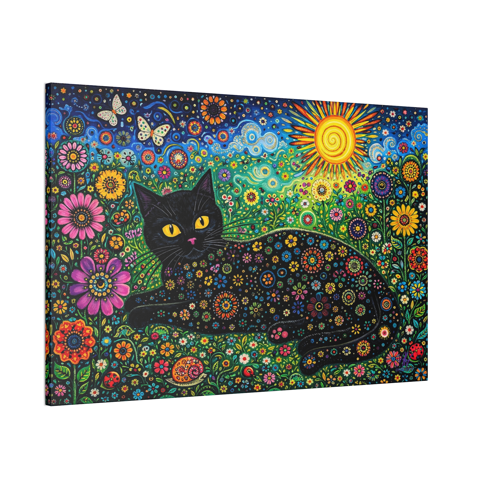 Black Floral Cat Canvas Stretched | Colorful Sunflower Cat Wall Art - Image 12