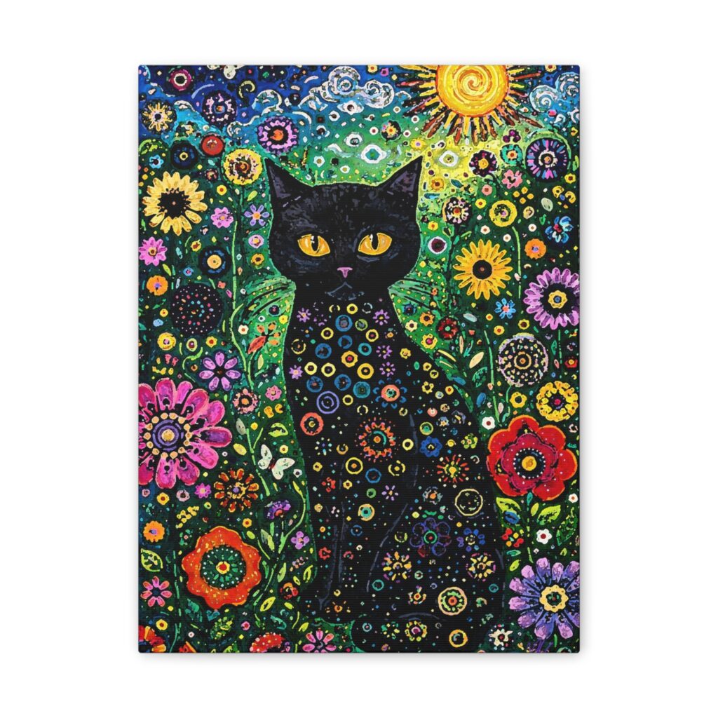 Black Cat in Colorful Flower Garden Canvas