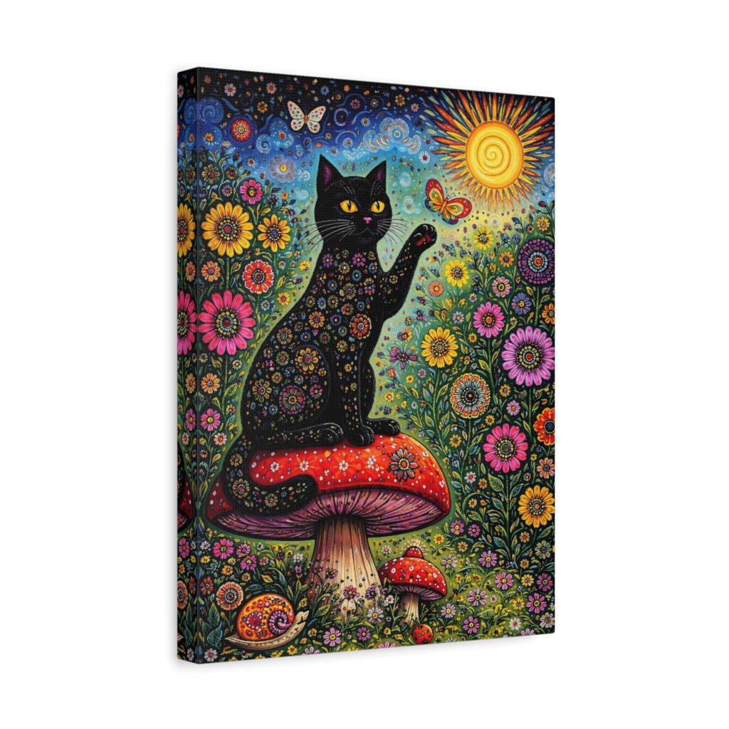 Black Cat on Mushroom canvas | psychedelic floral art print
