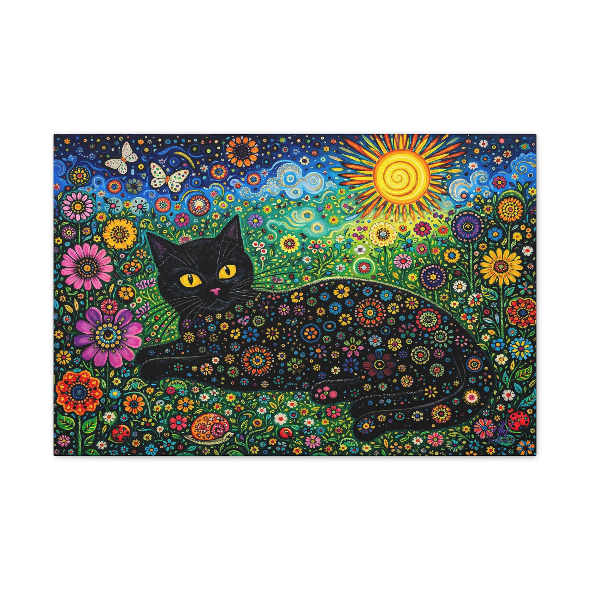 Black Floral Cat Canvas Stretched | Colorful Sunflower Cat Wall Art - Image 8
