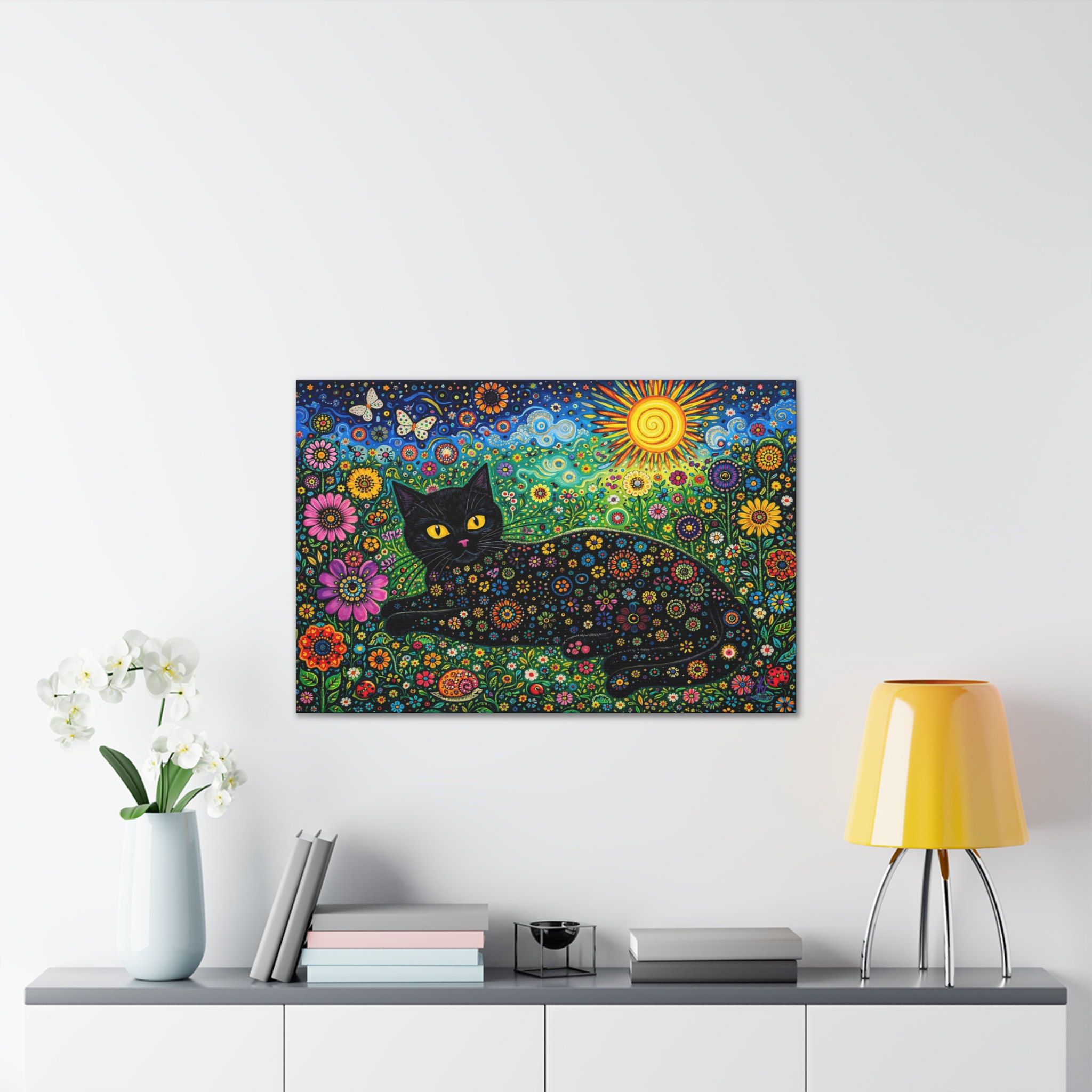 Black Floral Cat Canvas Stretched | Colorful Sunflower Cat Wall Art - Image 13