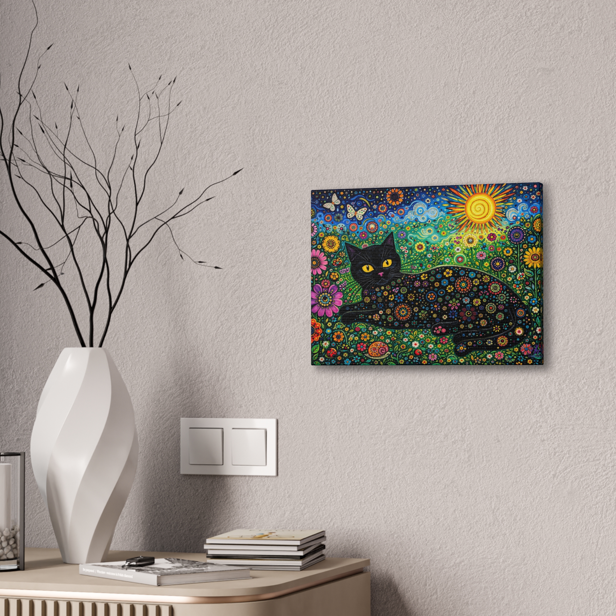 Black Floral Cat Canvas Stretched | Colorful Sunflower Cat Wall Art - Image 4